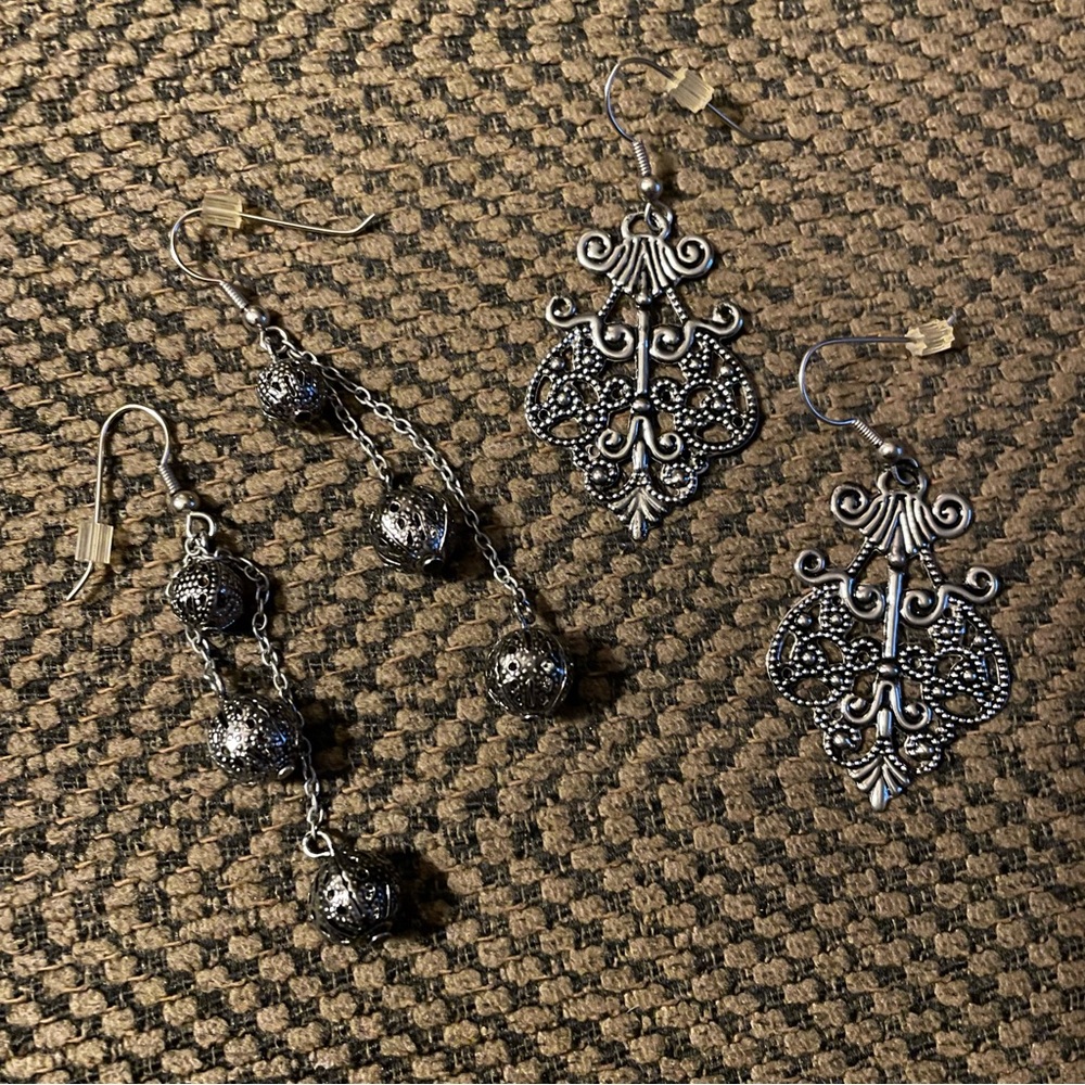 Two Pairs of Moroccan inspired metal earrings, 1.5” and 2” drop